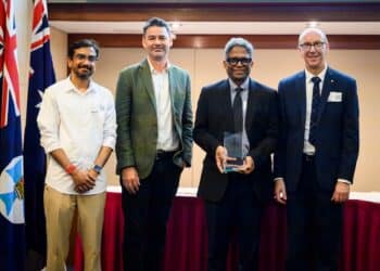 From left: Dr Naveen Kumar Elumalai, AIM's Craig Humphrey, Research Professor Kannoorpatti Krishnan and Darron Kavanagh AM. Picture: Supplied by QDSA