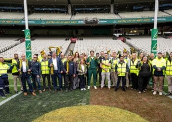 Launch of the Australian Made Week 2026 at the MCG. Australian Made Chief Executive Ben LazzaroSenator the Hon Tim Ayres, Minister for Industry and Innovation Abel Sports Director John Cann Manufacturing workers from Abel Sports and their associated supply chain
Australian Made Week ambassador Andy Lee.
Picture: Tony Gough